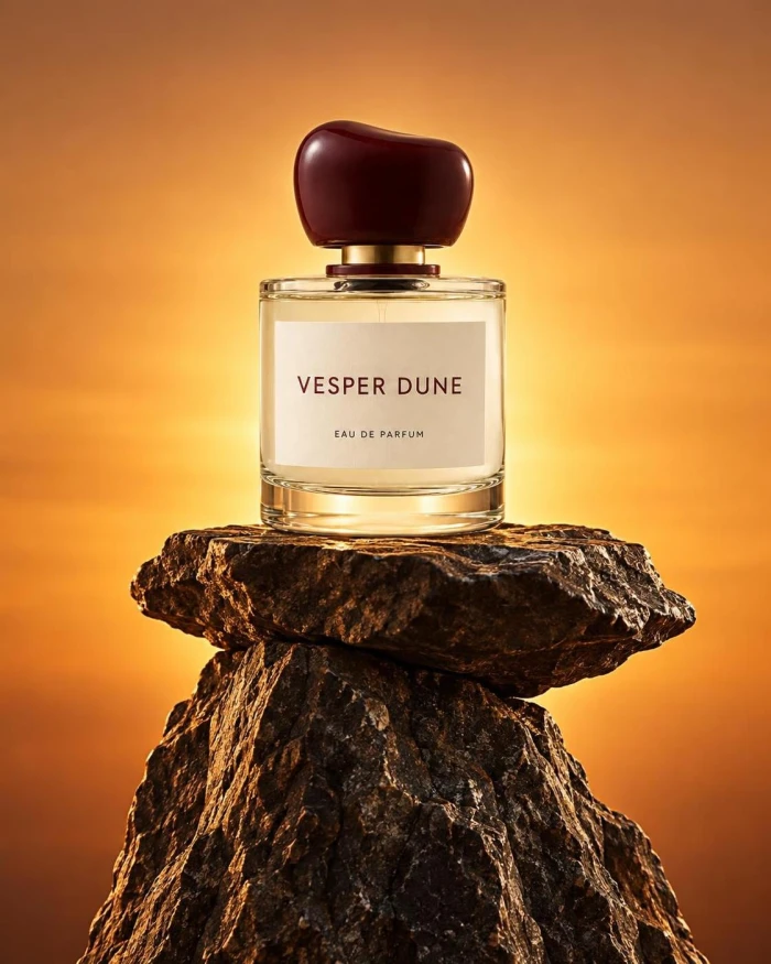 Generated photorealistic perfume bottle labeled Vesper Dune Eau de Parfum under soft studio lighting, downloaded with no watermark
