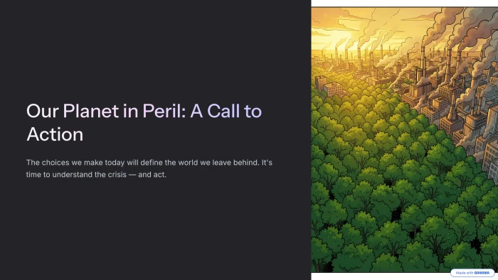Gamma generated slide 1 our planet in peril a call to action opening slide setting environmental crisis theme