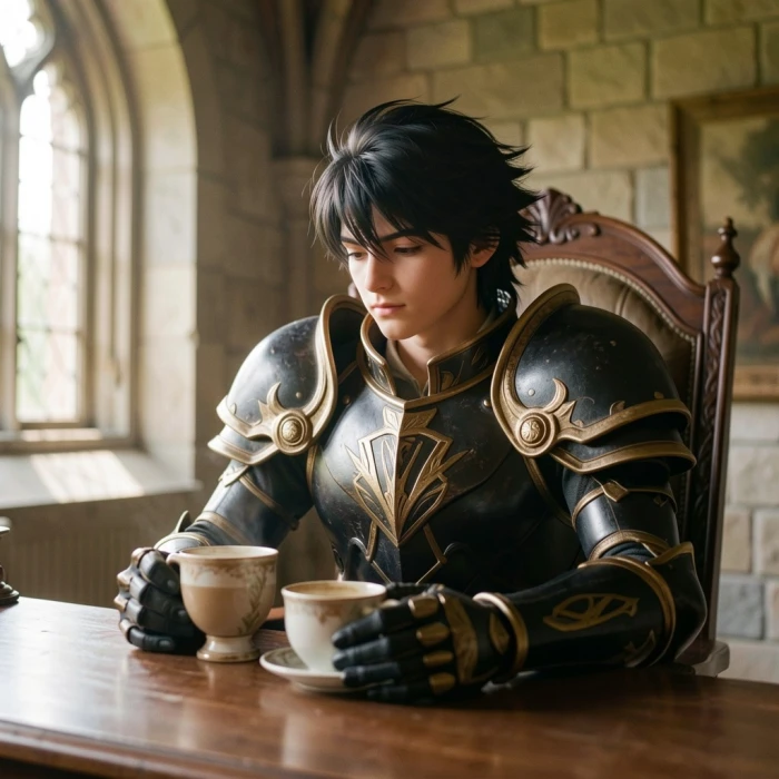 Hypernatural AI generated anime hero character with black and gold armor windswept dark hair confident pose standing before ancient castle in epic fantasy setting with cinematic lighting