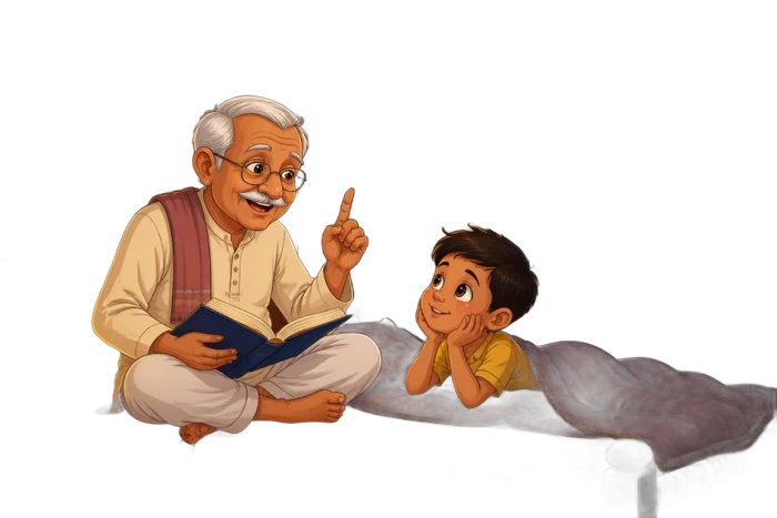 After: the same grandfather and boy with the entire room, window, and lantern removed, leaving the two figures on a transparent cutout