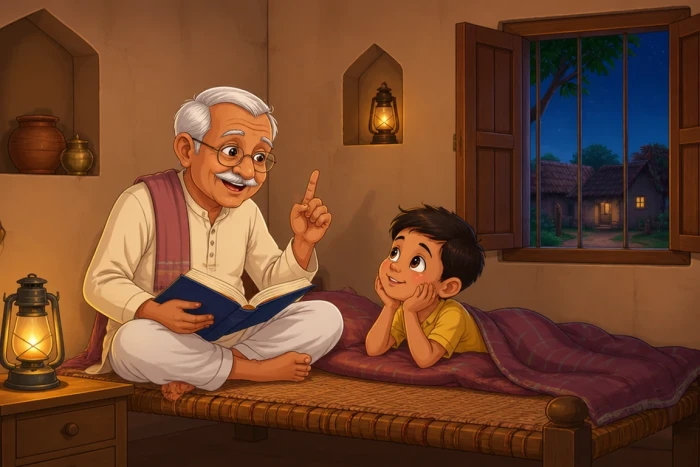 Original upload: an illustrated bedtime scene of a grandfather and a boy in a lantern-lit room with a window and a cot