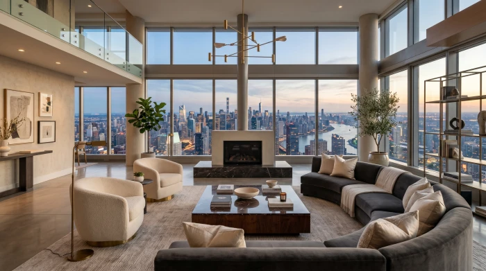 Morph Studio generated photorealistic penthouse living room interior with floor-to-ceiling windows panoramic city view elegant modern furniture and natural lighting in architectural digest aesthetic