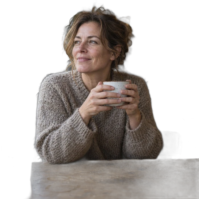Background removed: the same woman and mug cut out onto a transparent backdrop, with a soft halo near loose hair and a grey smear where the table edge remained