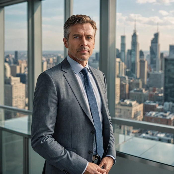 Frosting AI generated photorealistic portrait of business executive in modern glass office with city skyline background natural window lighting and professional photography aesthetic