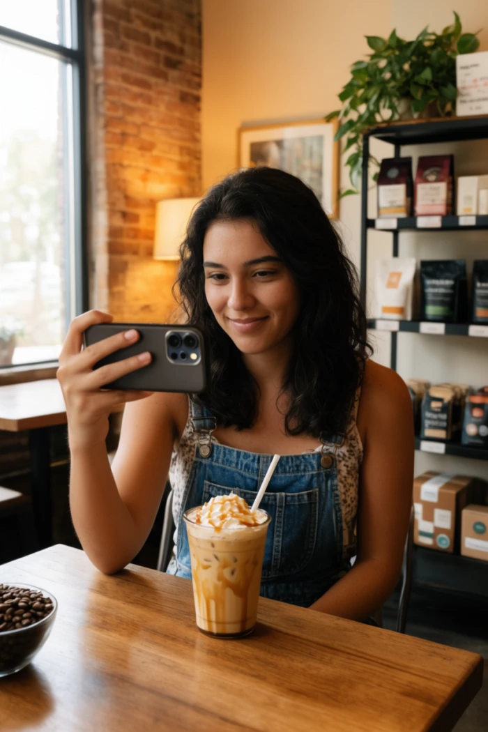 Iced caramel latte social ad generated by Krea AI with premium styling and soft natural light