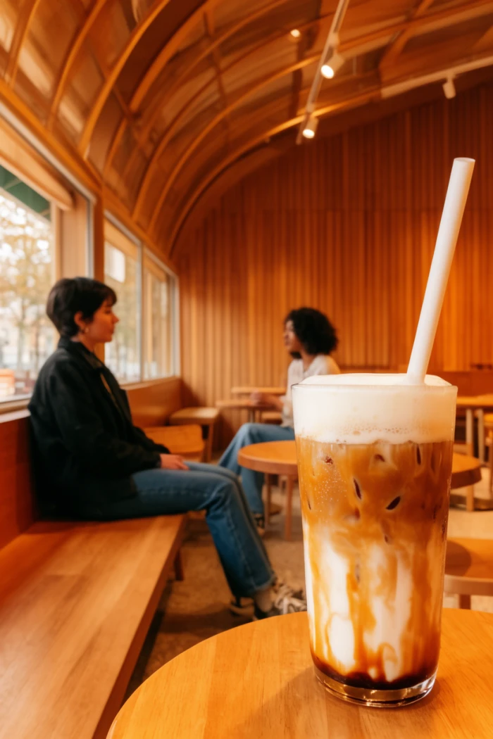 Vertical Instagram coffee shop promo created in Krea AI showing an iced caramel latte on a wooden counter