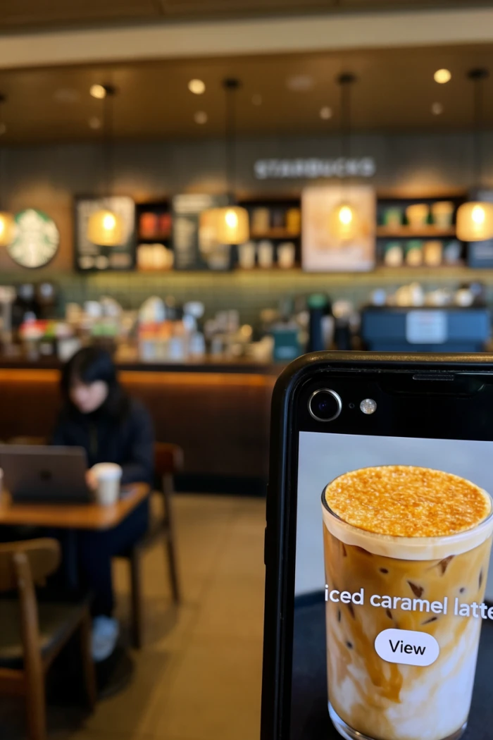 Krea AI generated Instagram promo for an iced caramel latte in a warm, cozy modern coffee shop
