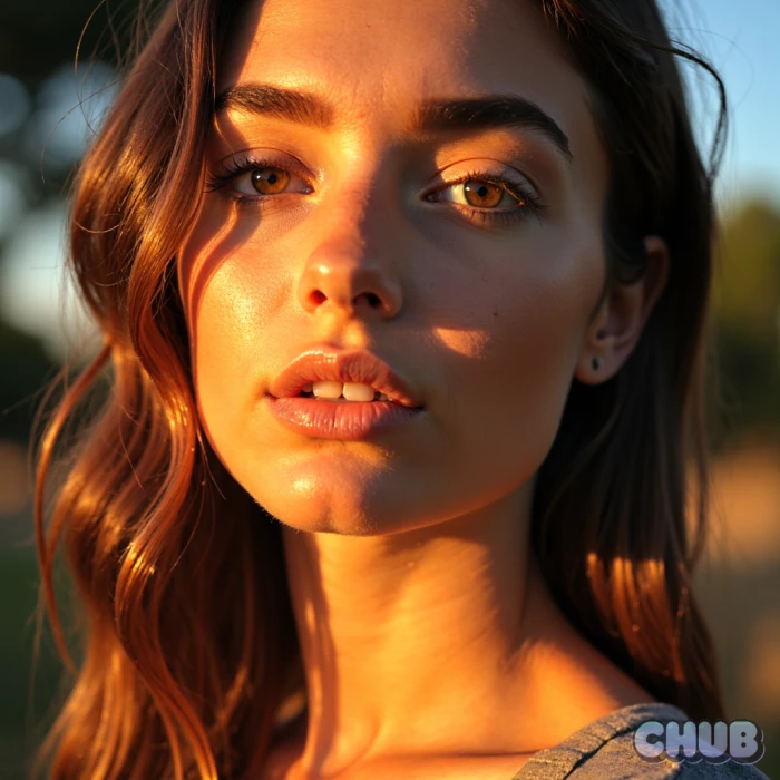 Chub.ai generated AI portrait image showing photorealistic woman with golden hour lighting professional photography quality DSLR shallow depth of field realistic colors and high resolution output validating integrated image generation capability