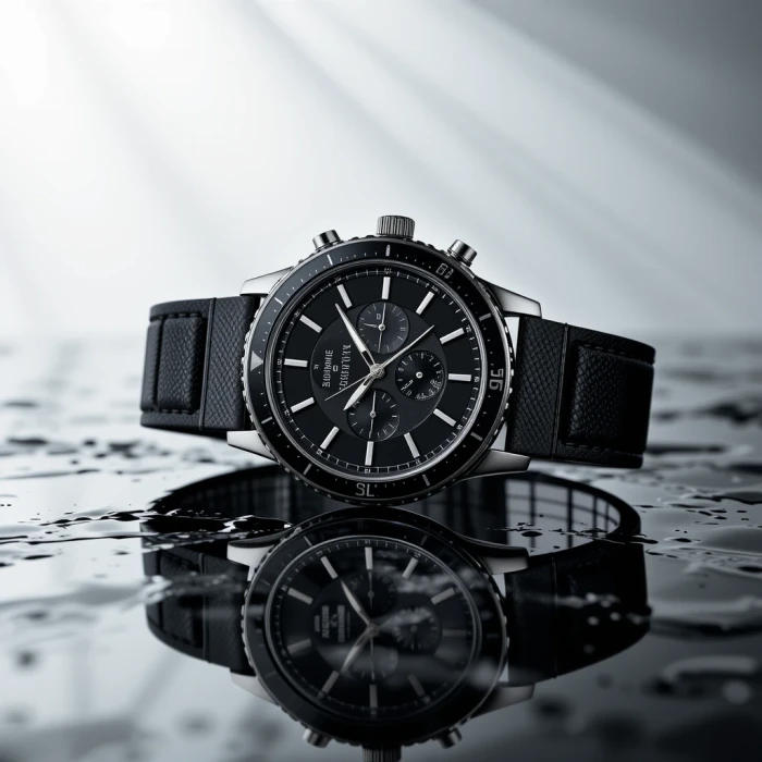 AIEase generated luxury smartwatch product photography image on reflective black surface with dramatic studio lighting cinematic advertising style