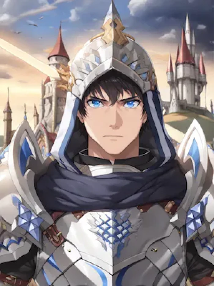 Joyland AI generated anime character avatar showing male fantasy warrior with silver and blue armor glowing sword ancient castle backdrop cinematic sunset lighting
