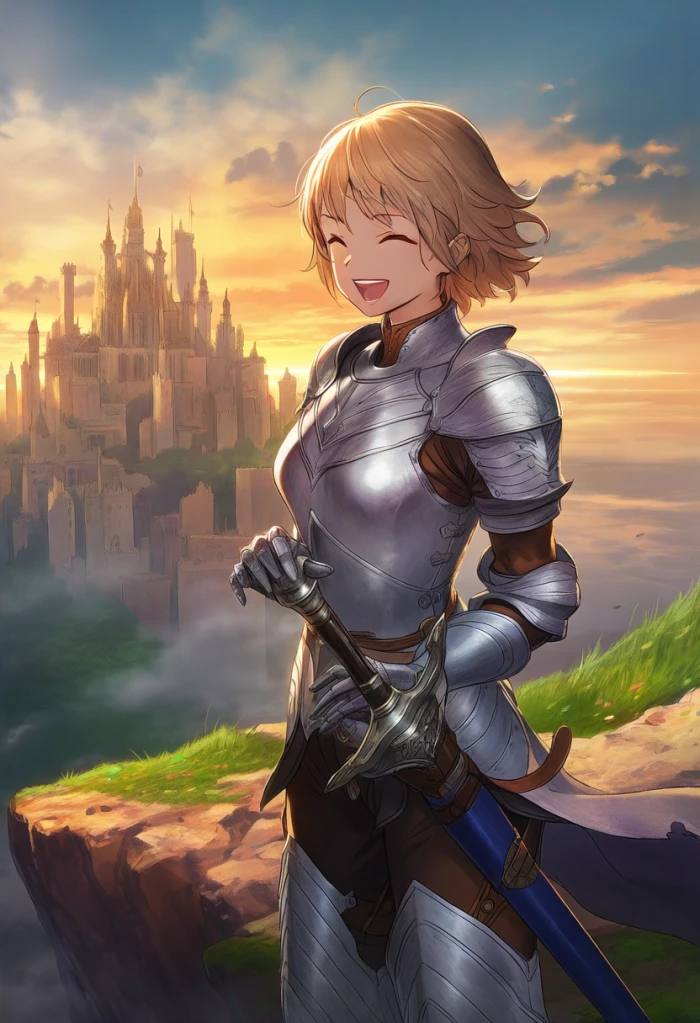 NovelAI Director Tools result showing same anime warrior character with laughing emotion expression applied via post-generation editing while preserving original armor and background