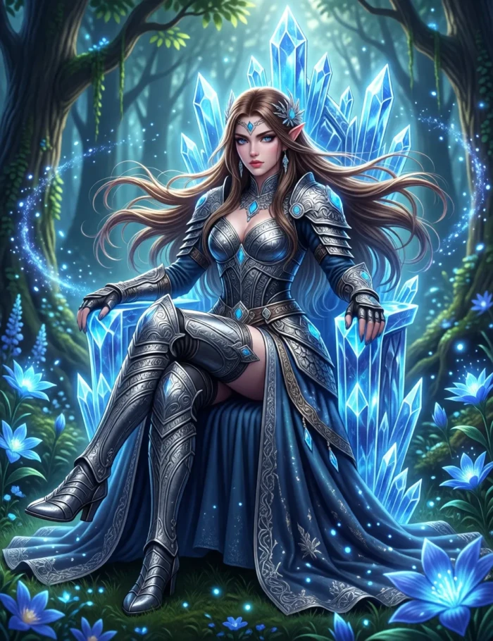 SpicyChat AI generated fantasy art image of an elven queen on a crystal throne in an enchanted forest with glowing blue flowers and silver armor
