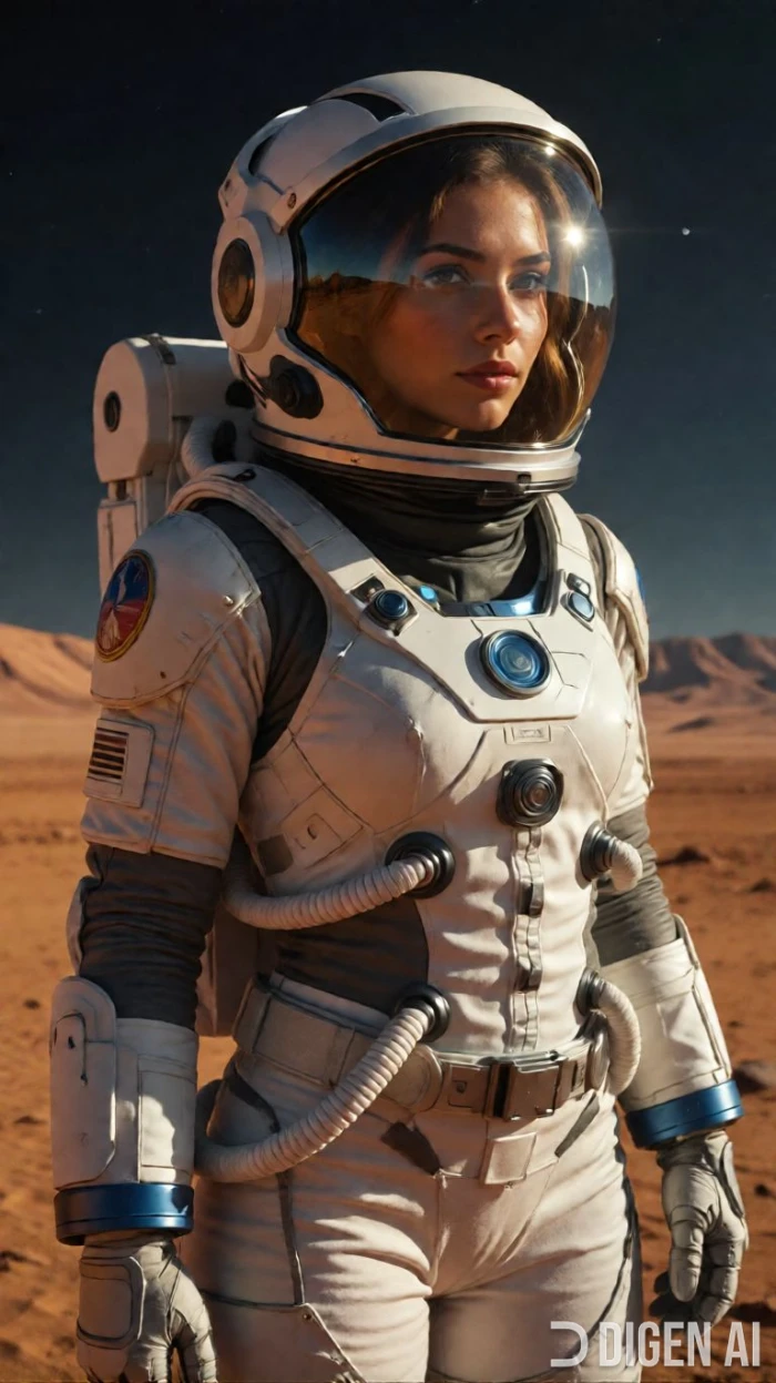 DiGen AI generated image of a futuristic female astronaut on Mars with cinematic lighting and detailed spacesuit