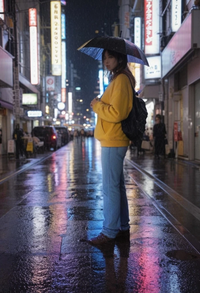 Unlucid AI change-clothing edit result showing the Tokyo traveler with modified clothing in the same scene