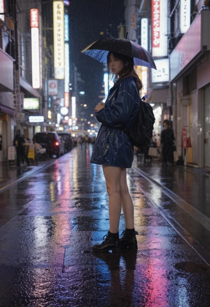 Unlucid AI generated image showing a young traveler under a black umbrella on a rainy neon-lit Tokyo street