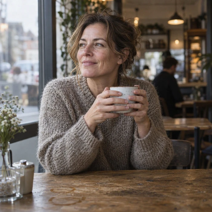 Original photo: a woman holding a mug at a cafe table, with the table and background intact