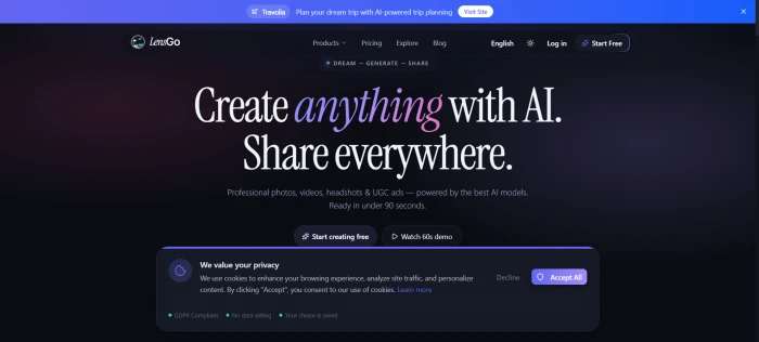 LensGo AI dashboard homepage showing the main tools and tool tiles for Image Generator, Video Generator, Headshots, UGC Video, and Travel Anywhere