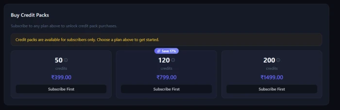 LensGo AI credit pack purchase screen showing one-time credit top-up options as an alternative to monthly subscriptions