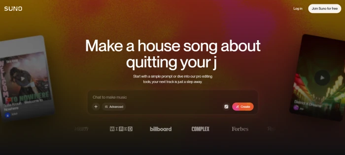 Suno AI homepage showing the main music generation interface with prompt input and example tracks