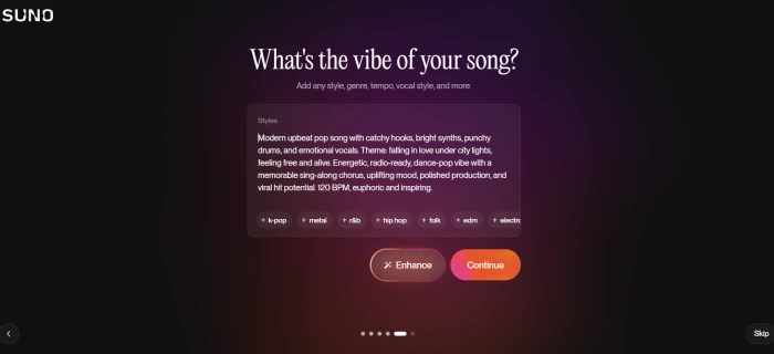 Suno AI prompt entry screen showing the test pop song brief about falling in love under city lights