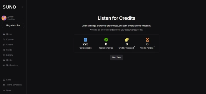 Suno AI Listen-to-Earn dashboard showing credit rewards for listening to community songs