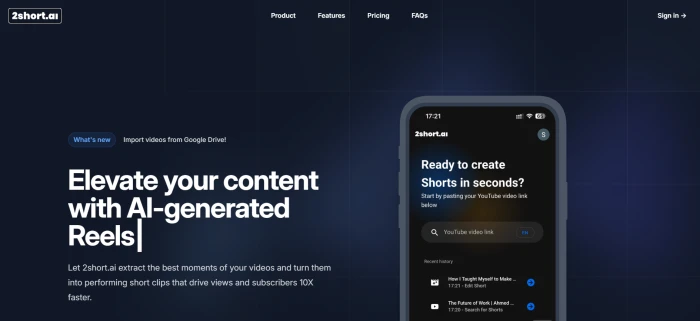 2short.ai dashboard homepage showing the main interface with Create Short and Video Ideas tools