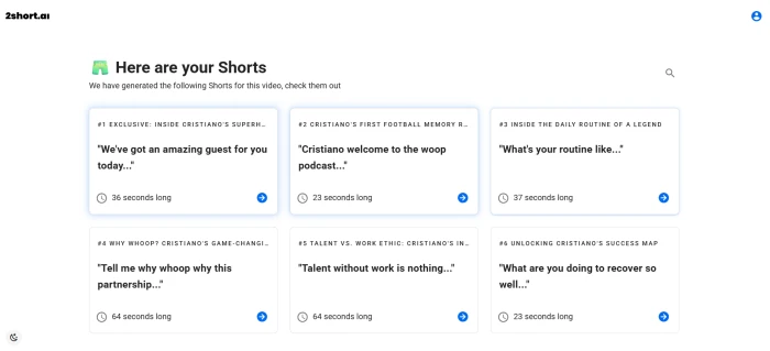 2short.ai showing multiple AI-generated short clips with auto-generated titles from a single long video source