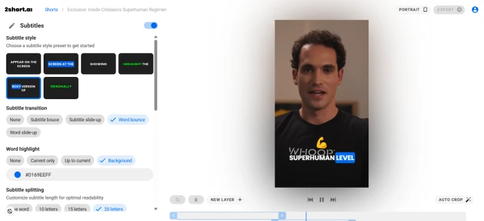2short.ai clip editor showing subtitle style customisation, animated captions, and editing controls for a generated short