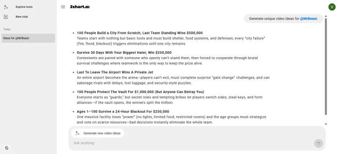 2short.ai Video Ideas dashboard generating content suggestions when a channel name is entered