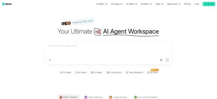 HIX.AI homepage dashboard showing the main suite of AI writing tools across HIX Writer, Chat, Editor, and ArticleGPT
