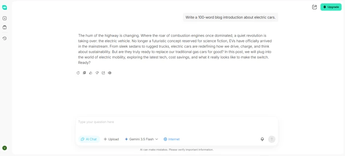 HIX.AI Chat interface showing the generated electric cars blog introduction in response to the test prompt