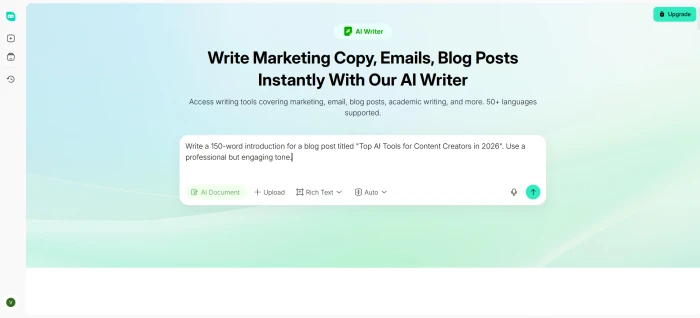 HIX.AI AI Writer input form with prompt for top AI tools for content creators blog post introduction