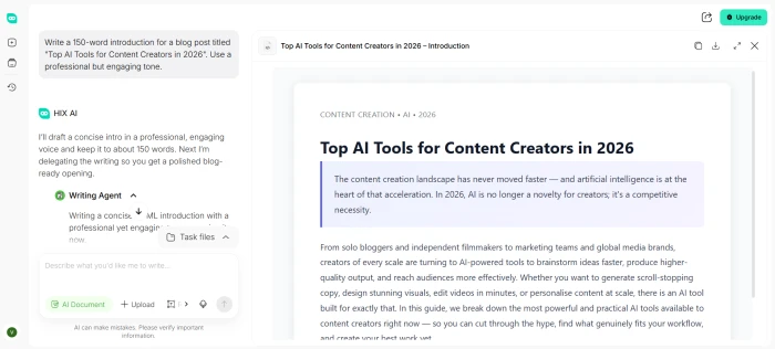 HIX.AI AI Writer result delivered as a structured HTML document with the generated blog post introduction