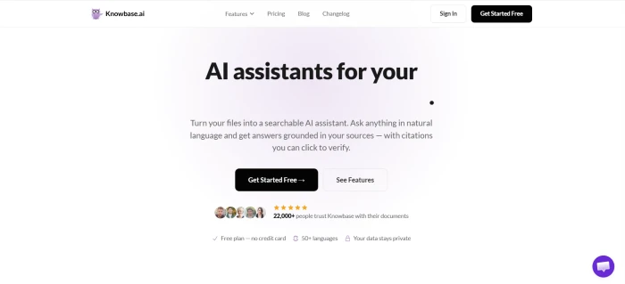 Knowbase.ai dashboard homepage showing the main interface with library, chat, and assistant management features