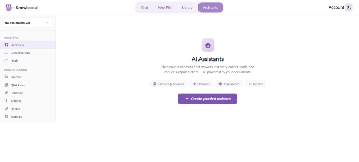 Knowbase.ai create new AI assistant dashboard with options to configure name, behavior, and connected knowledge base