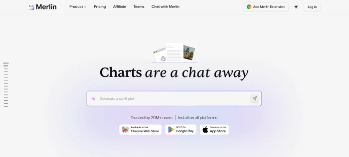 Merlin AI dashboard homepage showing the main interface with chat, tools, and model selection