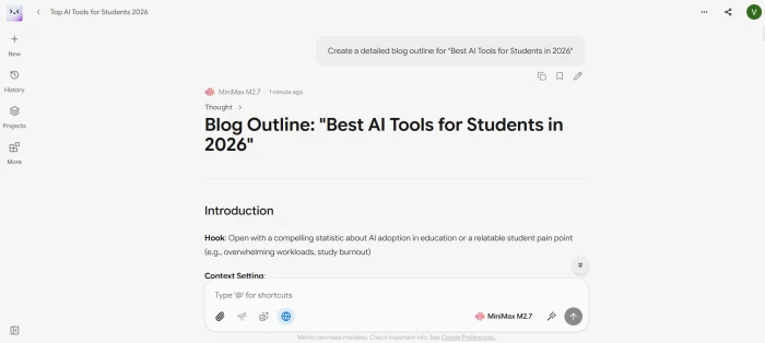 Merlin AI generating a detailed blog outline for 'Best AI Tools for Students in 2026' with 12 main sections