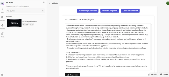 Merlin AI document summarization result showing a structured summary of the uploaded article