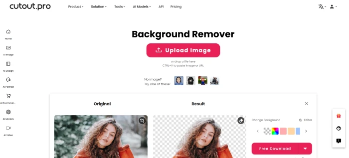 Cutout.Pro background remover tool dashboard with upload area and processing controls