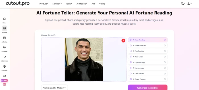 Cutout.Pro AI fortune generator dashboard showing the upload interface with credits exhausted