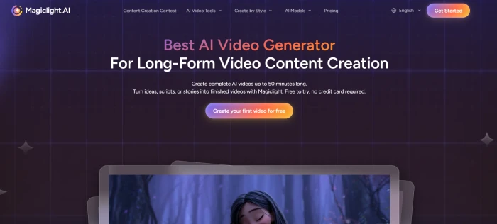 MagicLight AI homepage showing the main landing page with story-to-video positioning