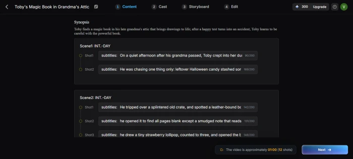 MagicLight AI content creation step showing the expanded story script generated from the prompt