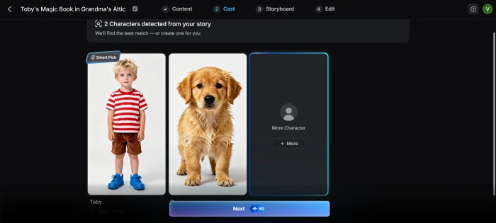 MagicLight AI cast selection screen showing character design options for the story