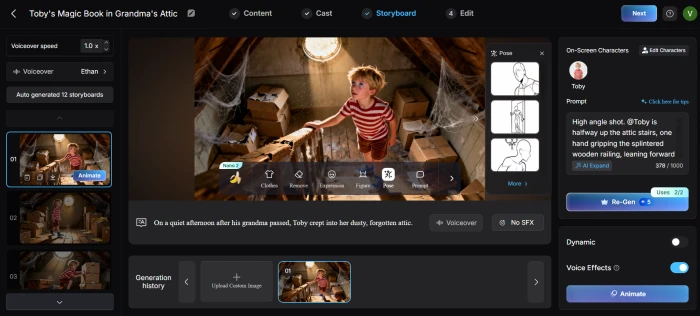 MagicLight AI storyboard view showing the scene-by-scene breakdown of the generated story
