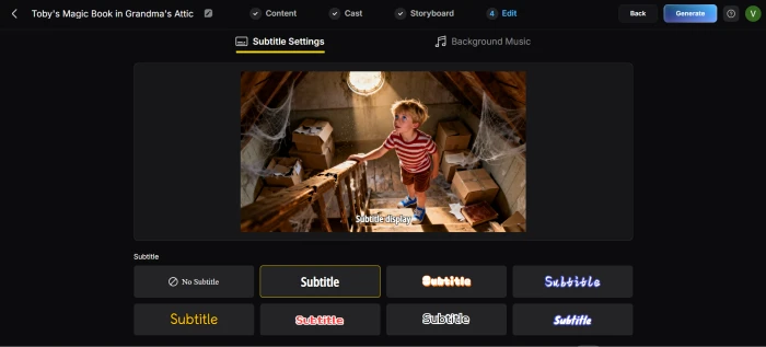 MagicLight AI edit board with subtitle styling, background music selection, and voice options