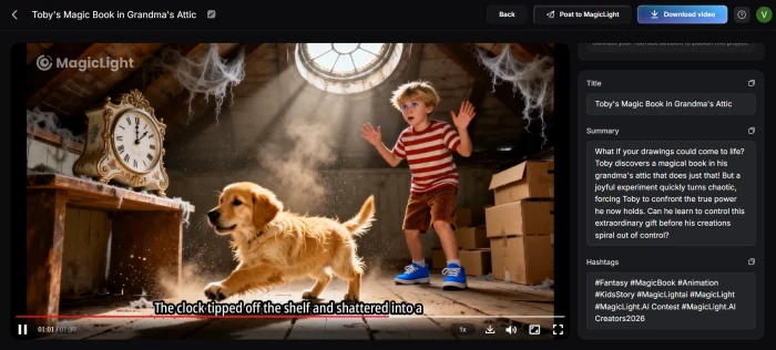 MagicLight AI final video output screen showing the completed story-to-video result