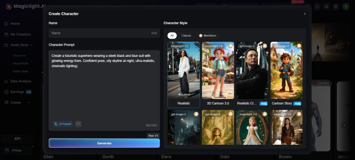 MagicLight AI create character dashboard with prompt input and style controls
