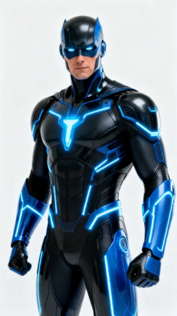 MagicLight AI character creation result showing a futuristic superhero in black and blue suit with energy lines, city skyline night setting