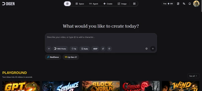 DiGen AI homepage showing the main dashboard with image, video, and creative tools surfaced