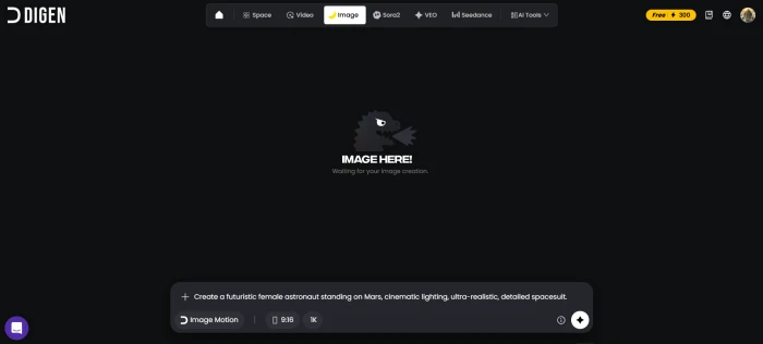 DiGen AI image generation dashboard with prompt input showing the Mars astronaut text